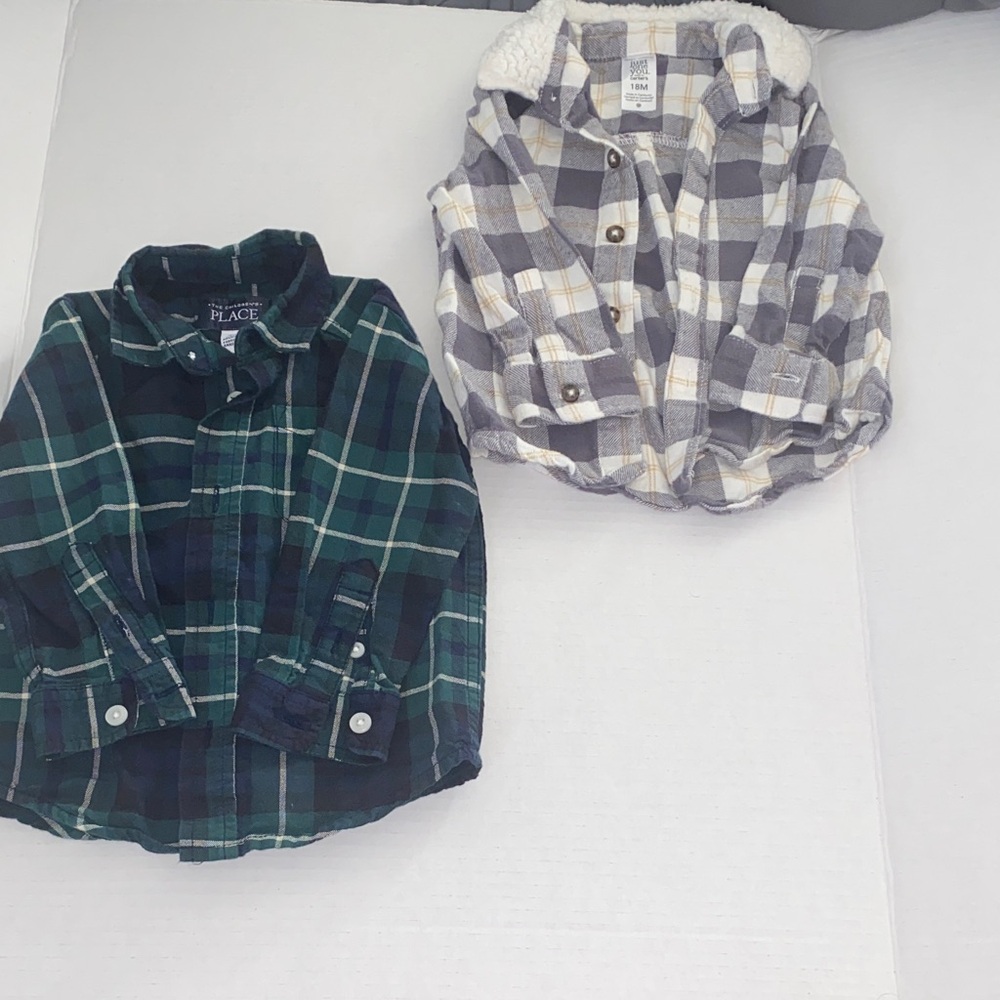 The Children's Place Green and Gray Plaid Button Down Shirts